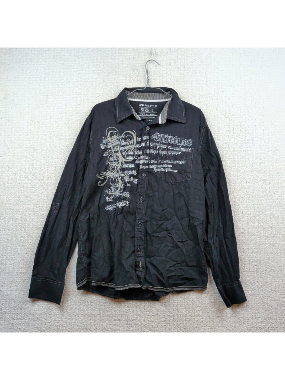 Y2K Black Button Up Long sleeve Shirt Goth Punk Grunge Graphic AOP Mens Sz L**
